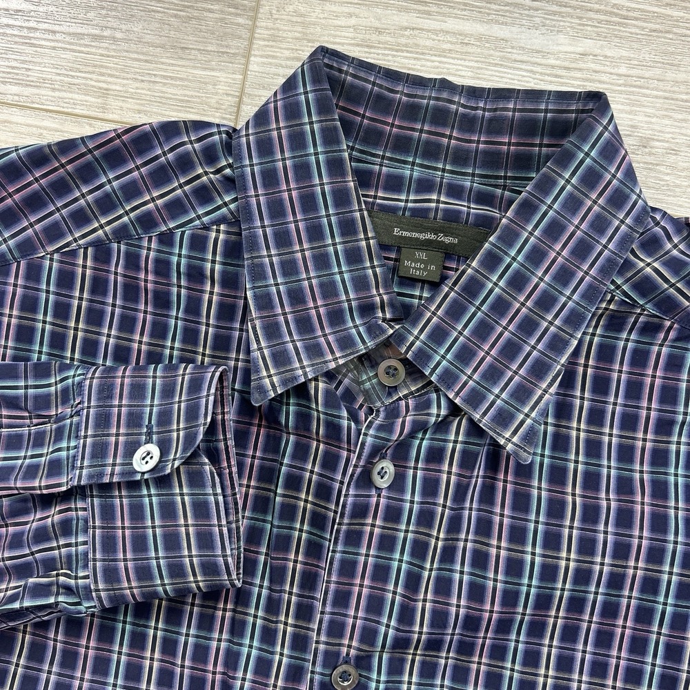 NWOT Ermenegildo Zegna XXL Navy Plaid Button Down Dress Shirt Made In Italy